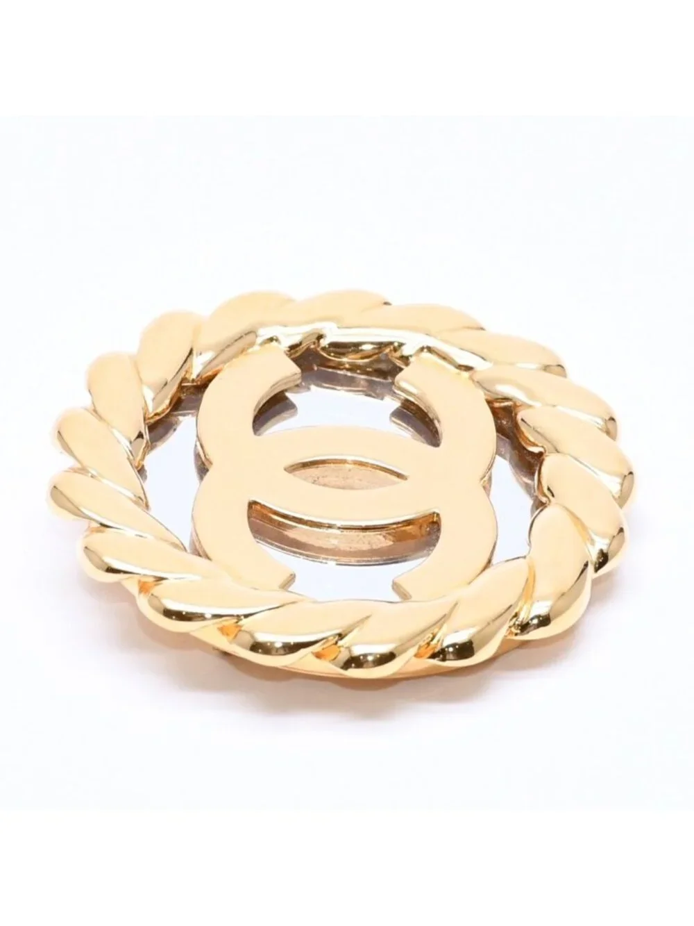 Chanel CC Logo Vintage Rope Edge Brooch 2 Gold Plated